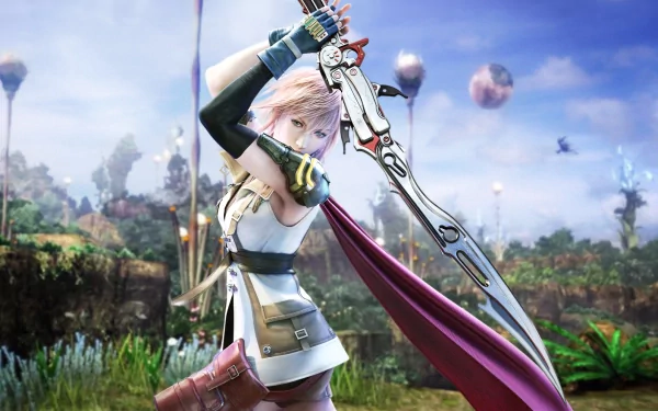 A high-definition desktop wallpaper featuring Claire Farron from Final Fantasy XIII, poised heroically with her sword against a vibrant, otherworldly backdrop.