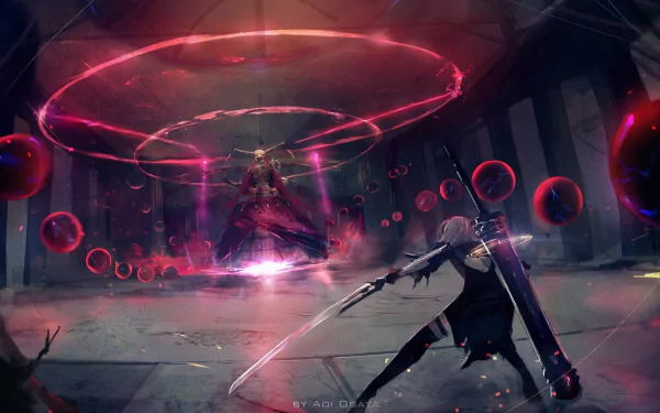 Artistic HD wallpaper of YoRHa No.2 Type B from NieR: Automata, wielding a katana and surrounded by orbs and intense lighting. She has white hair and wears thigh boots, ready for combat in a futuristic setting.