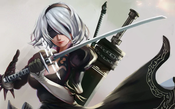 HD desktop wallpaper featuring YoRHa No.2 Type B from the video game NieR: Automata, depicted with a blindfold and katana.