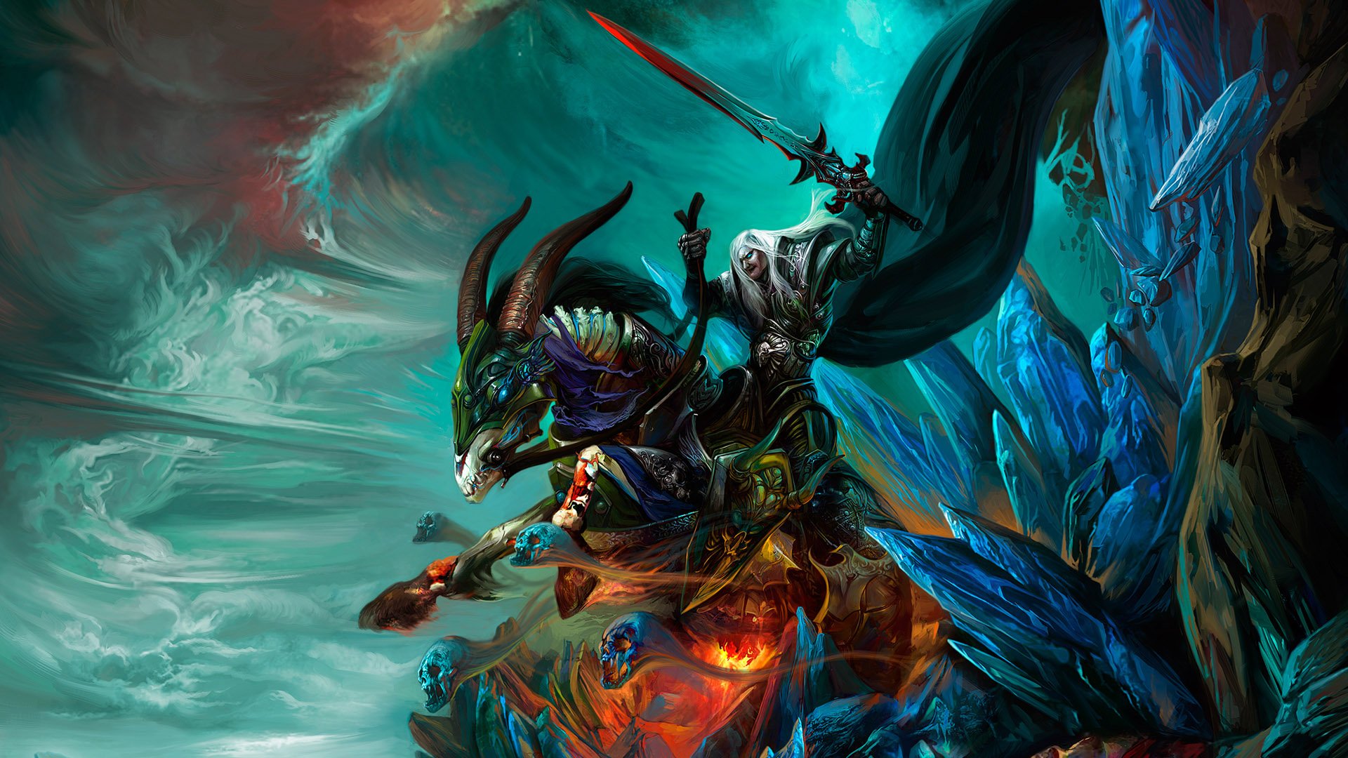 A dark warrior wielding a sword rides a fierce creature amid a mystical landscape, surrounded by vibrant crystals and an otherworldly sky, capturing a sense of magic and adventure.
