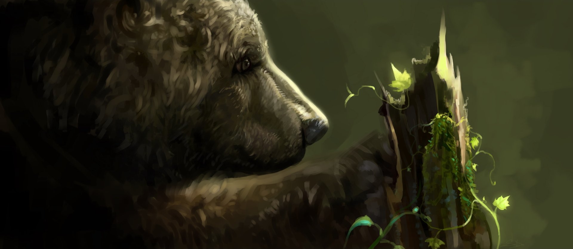 Artistic 2K Quad HD PC desktop wallpaper and background of a brown bear (animal) gently sniffing a mossy stump with a small glowing sprout.
