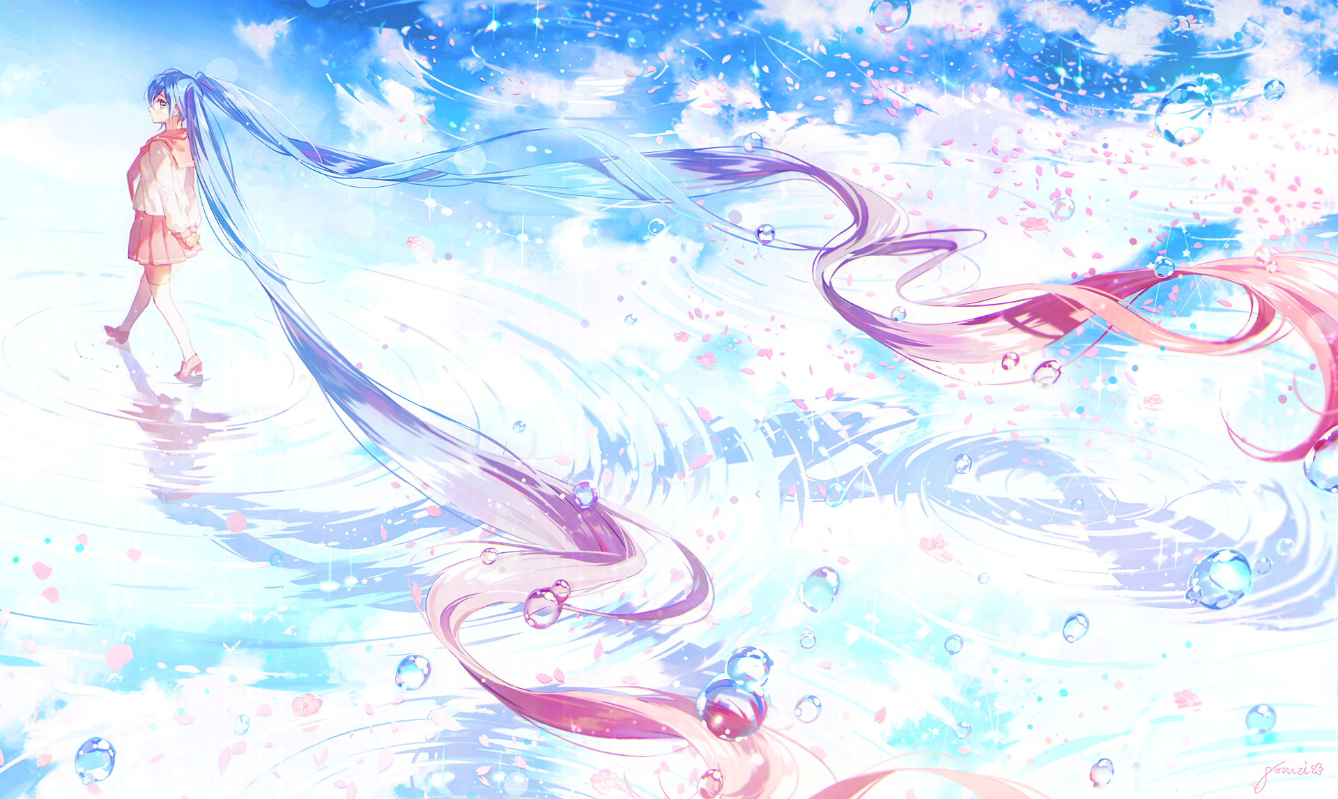 Anime HD wallpaper featuring Hatsune Miku in a school uniform with twintails. She stands on water with long hair trailing, surrounded by petals and bubbles reflecting a bright sky.