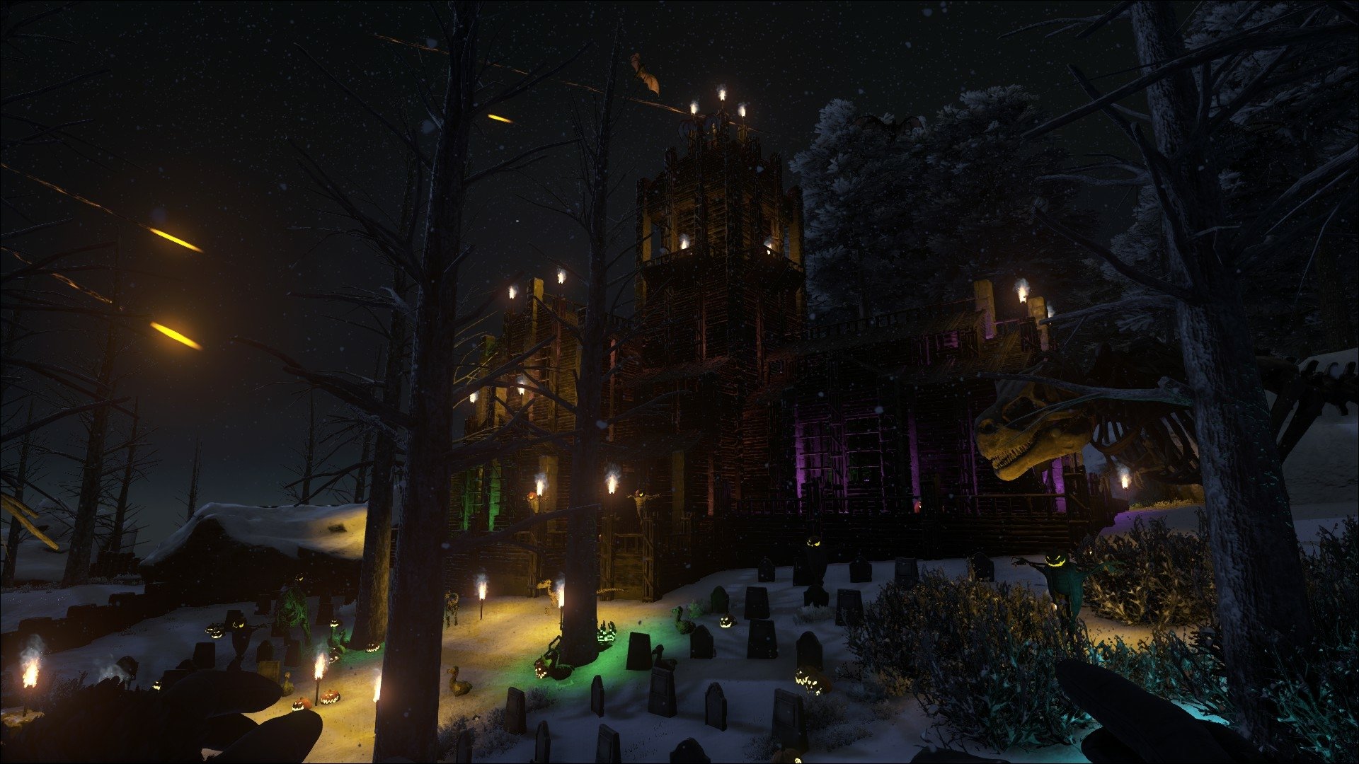 HD PC desktop wallpaper and background from the video game Ark: Survival Evolved — nighttime snowy forest with a towering illuminated wooden base, torches and colored lights casting an eerie glow.