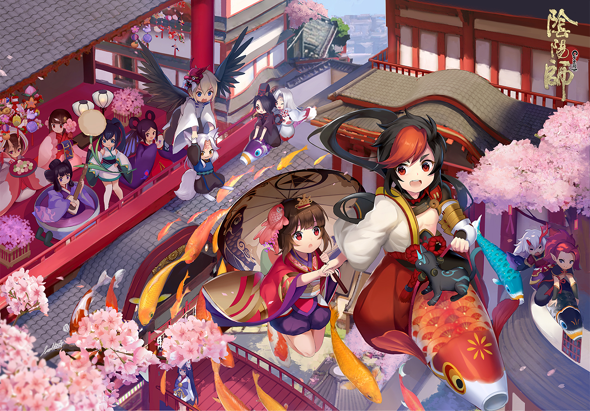Anime-style Onmyoji scene in vibrant HD, featuring characters in traditional attire amidst cherry blossoms and a classic Japanese temple, captured in rich detail for PC desktop wallpaper.