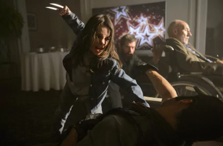 A high-definition desktop wallpaper from the movie Logan, featuring actors Hugh Jackman as Logan, Dafne Keen as Laura Kinney (X-23), and Patrick Stewart as Professor X in an intense action scene.