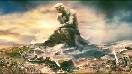 HD PC desktop wallpaper featuring a giant statue of The Thinker overlooking a vast battlefield, inspired by the video game Civilization VI.