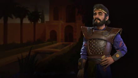 HD PC desktop wallpaper featuring Cyrus the Great from the video game Civilization VI, depicted in detailed armor against a dimly lit ancient backdrop.