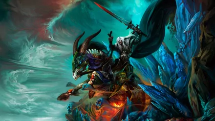 A dark warrior wielding a sword rides a fierce creature amid a mystical landscape, surrounded by vibrant crystals and an otherworldly sky, capturing a sense of magic and adventure.