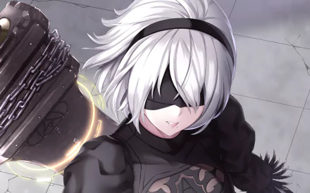 HD desktop wallpaper of YoRHa No.2 Type B from the video game NieR: Automata, showcasing the character's signature blindfold, white hair, and black outfit against a detailed background.