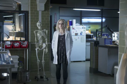 HD desktop wallpaper featuring Rose McIver as Liv Moore from the TV show iZombie, standing next to a skeleton in a lab setting.