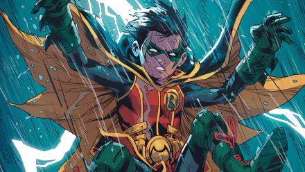 HD wallpaper featuring Damian Wayne as Robin from DC Comics. The scene depicts Robin with black hair, braving heavy rain, wearing his iconic costume, with Batman-themed colors and elements in the background.