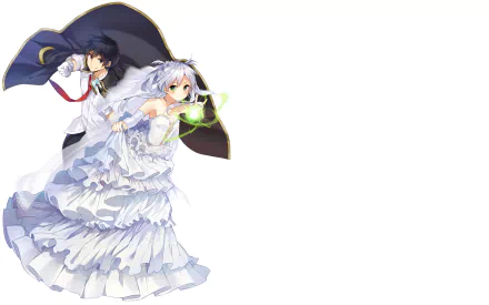 HD desktop wallpaper featuring Sistine Fibel and Glenn Radars from the anime Rokudenashi Majutsu Koushi to Akashic Records against a white background.