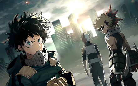 HD desktop wallpaper featuring Katsuki Bakugou, Shoto Todoroki, and Izuku Midoriya from My Hero Academia, standing against a city skyline backdrop.