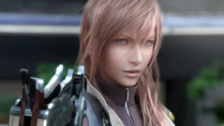 HD desktop wallpaper of Lightning from Final Fantasy XIII, featuring detailed artwork of the character from the video game, showcasing her sharp features and intense expression.