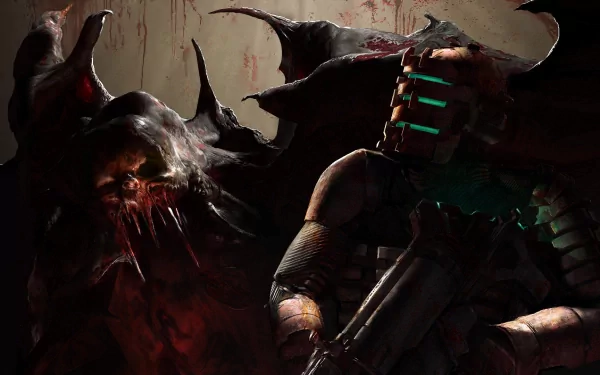 A chilling scene from the video game Dead Space, featuring a menacing creature alongside a protagonist, set against a dark, atmospheric background in high definition.
