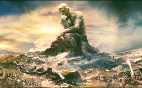 HD PC desktop wallpaper featuring a giant statue of The Thinker overlooking a vast battlefield, inspired by the video game Civilization VI.