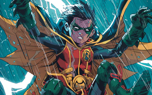 HD wallpaper featuring Damian Wayne as Robin from DC Comics. The scene depicts Robin with black hair, braving heavy rain, wearing his iconic costume, with Batman-themed colors and elements in the background.