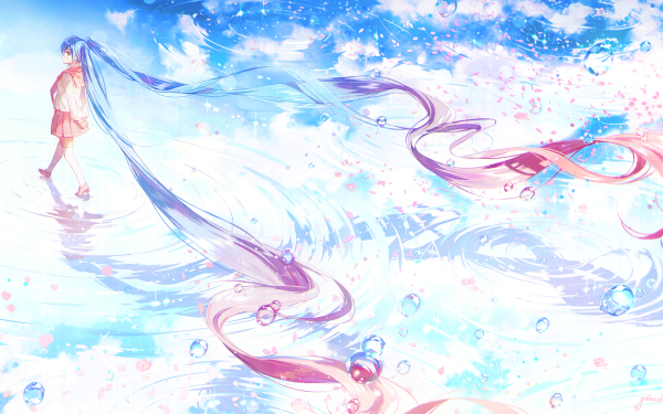 Anime Vocaloid Hatsune Miku Long Hair Bubble School Uniform Petal Reflection Water Twintails Skirt HD Wallpaper | Background Image