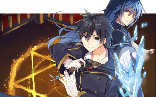 This HD desktop wallpaper features anime characters Albert Frazer and Glenn Radars from Rokudenashi Majutsu Koushi to Akashic Records, with a magical circle and glowing blue energy in the background.