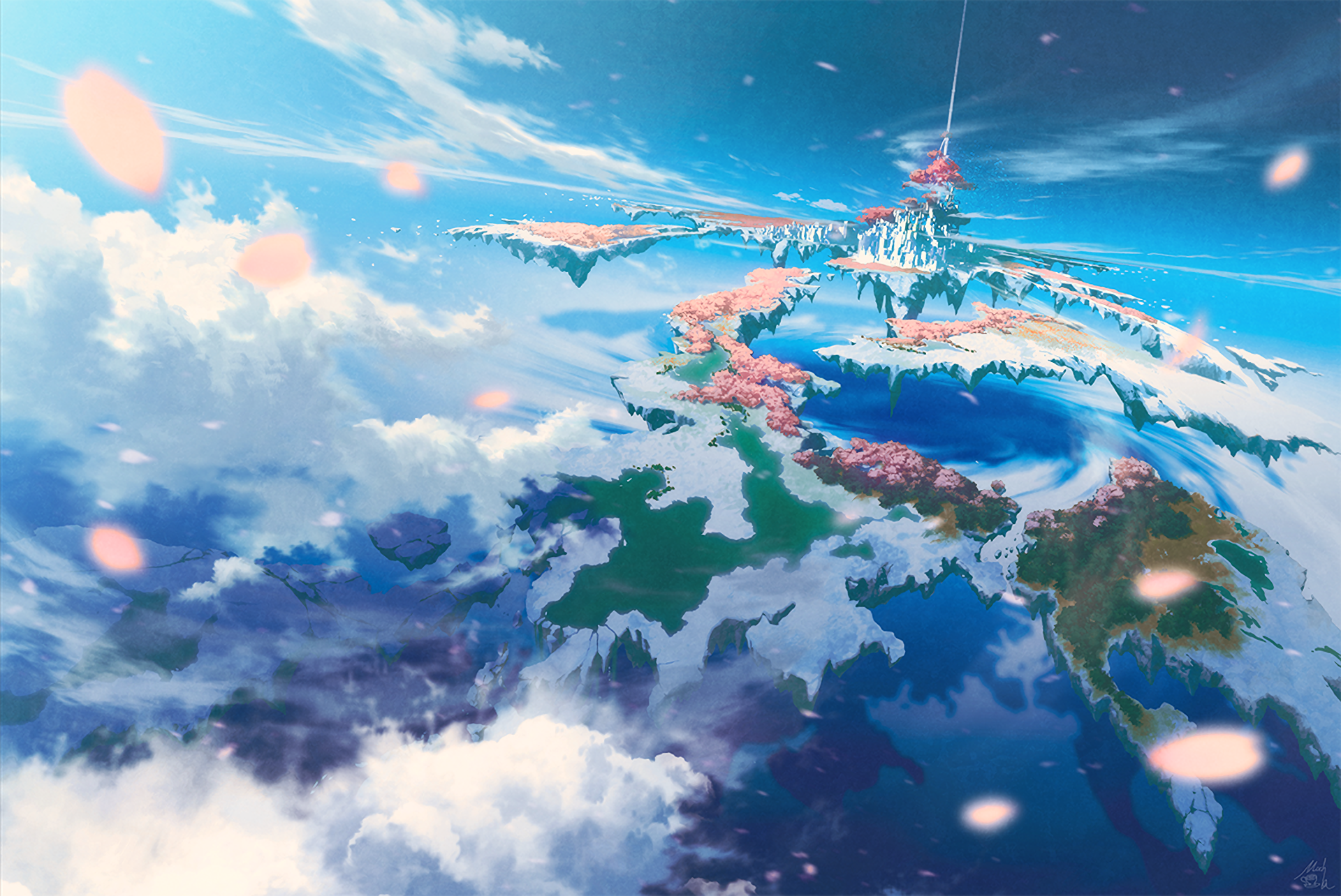 HD desktop wallpaper and background featuring an original anime-style illustration of a surreal, ethereal landscape with floating cherry blossoms, vibrant colors, and a dynamic sky.