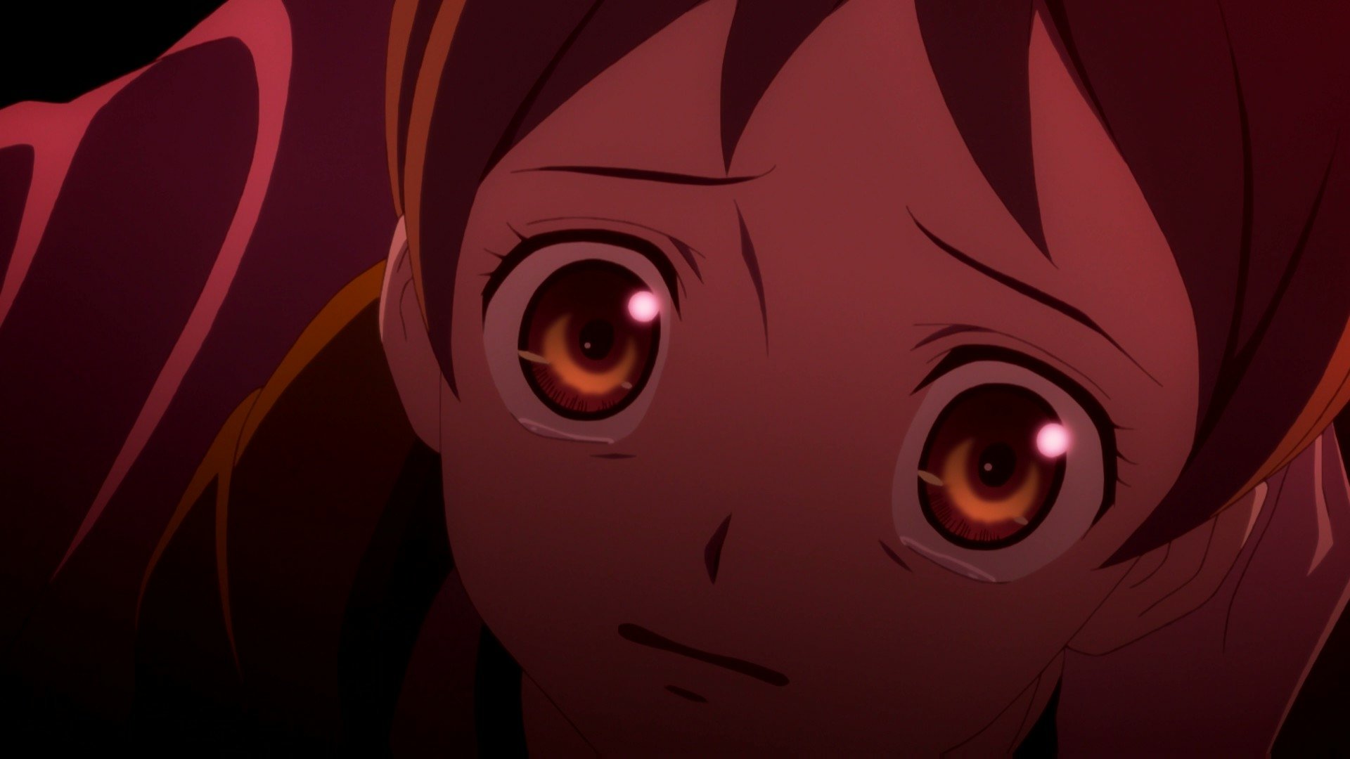 HD PC desktop wallpaper featuring a close-up of a character from the video game Tales of Berseria with expressive, wide brown eyes against a dark background.