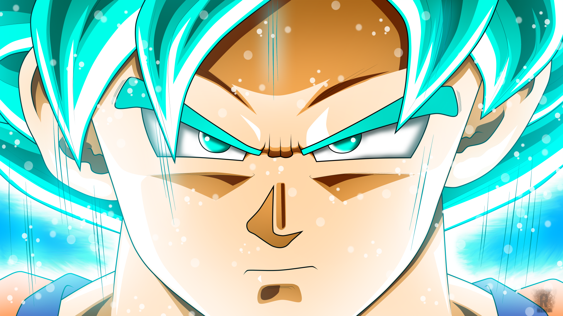 Close-up of a fierce Dragon Ball Super character with glowing blue hair, rendered in vibrant 4K Ultra HD quality for PC desktop wallpaper and background use.