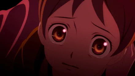 HD PC desktop wallpaper featuring a close-up of a character from the video game Tales of Berseria with expressive, wide brown eyes against a dark background.