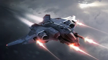 HD desktop wallpaper featuring a spaceship from the video game Star Citizen, soaring through space with engines firing brightly.