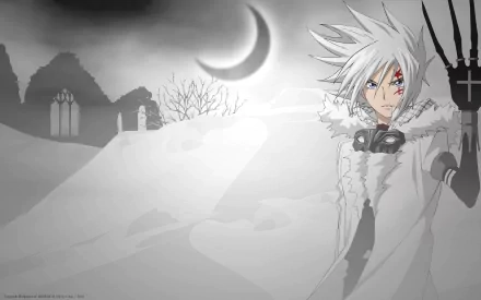 Allen Walker stands resolutely in a snowy landscape, with a crescent moon overhead. This HD wallpaper captures the essence of his character from the anime D.Gray-man.