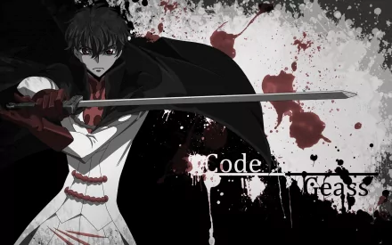 HD wallpaper featuring Suzaku Kururugi from Code Geass, showcasing him wielding a sword against a dramatic, splattered background.