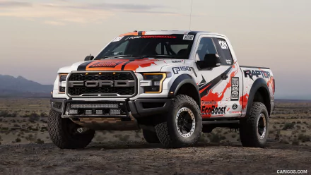 HD PC desktop wallpaper featuring a rugged Ford F-150 Raptor truck with bold graphics, parked in a desert landscape under a soft, cloudy sky.