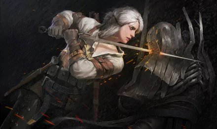 An intense scene from The Witcher 3: Wild Hunt featuring Ciri, a white-haired woman warrior, clashing swords with armored Imlerith. This HD wallpaper showcases the action and dark fantasy atmosphere of the game.