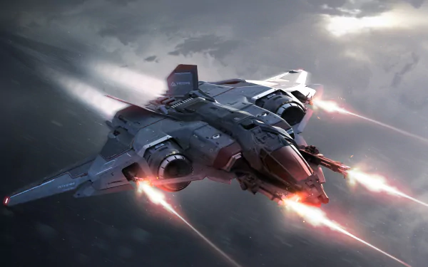 HD desktop wallpaper featuring a spaceship from the video game Star Citizen, soaring through space with engines firing brightly.