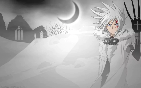 Allen Walker stands resolutely in a snowy landscape, with a crescent moon overhead. This HD wallpaper captures the essence of his character from the anime D.Gray-man.