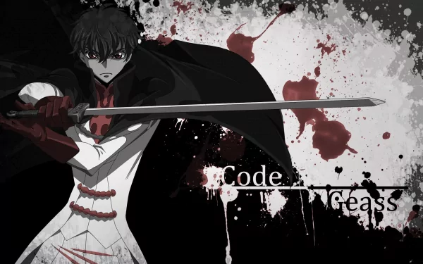 HD wallpaper featuring Suzaku Kururugi from Code Geass, showcasing him wielding a sword against a dramatic, splattered background.