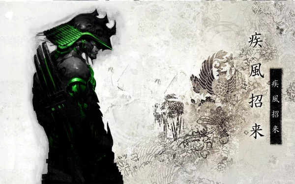 HD wallpaper featuring a fantasy warrior in samurai armor with green highlights, set against an artistic, textured background with intricate designs and Asian calligraphy.