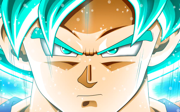 Close-up of a fierce Dragon Ball Super character with glowing blue hair, rendered in vibrant 4K Ultra HD quality for PC desktop wallpaper and background use.