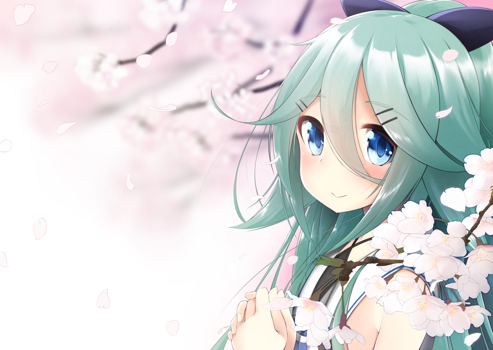 HD anime desktop wallpaper featuring Yamakaze from Kantai Collection with blue eyes and teal hair, surrounded by cherry blossoms in a soft pink background.