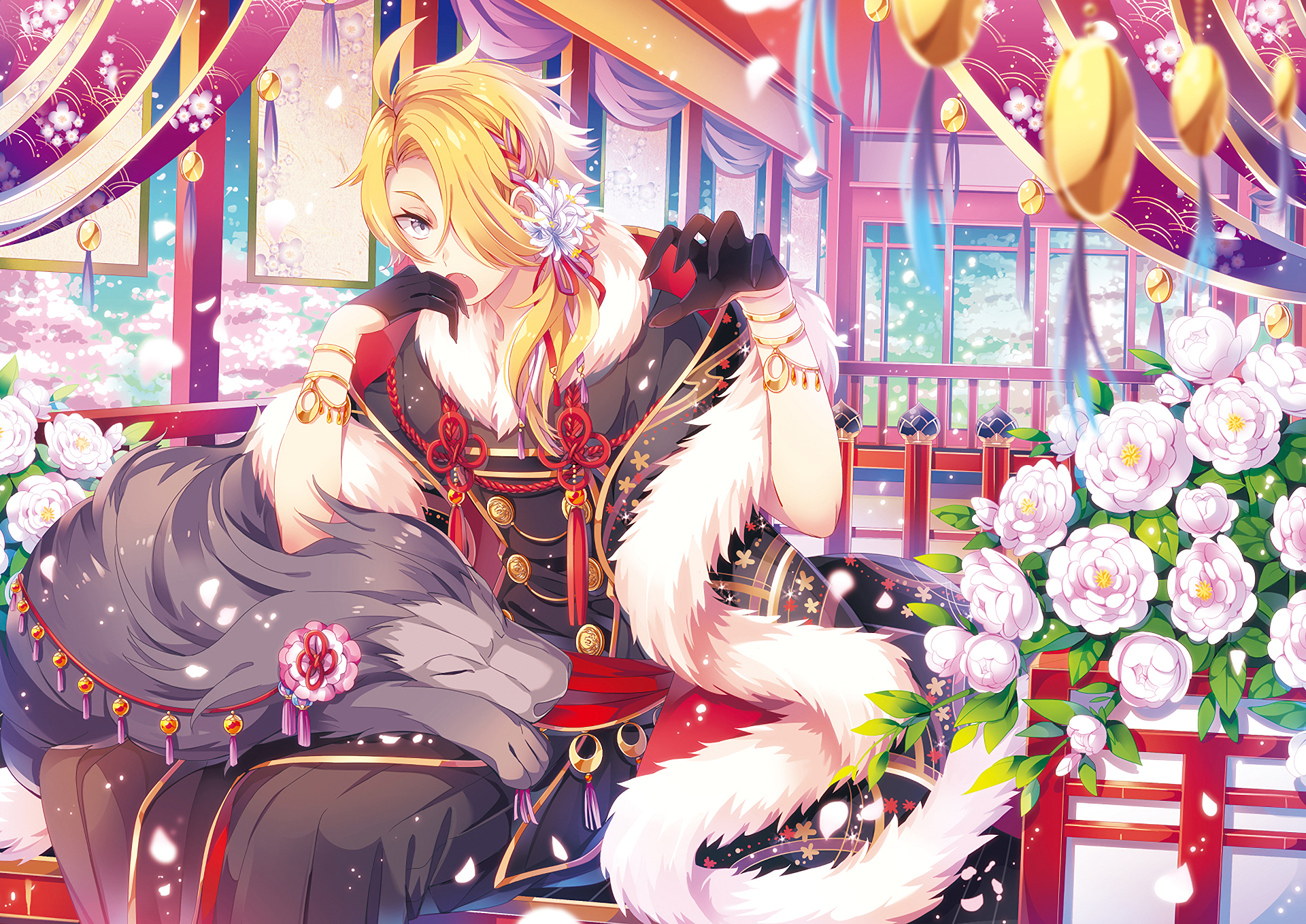 HD PC desktop wallpaper featuring Shishiou from Touken Ranbu in vibrant anime style, surrounded by white flowers and elegant, colorful traditional decor.