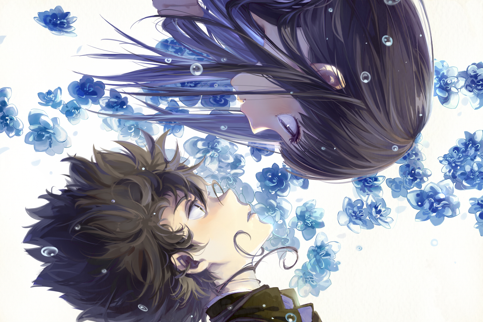 An HD desktop wallpaper of Hōtarō Oreki and Eru Chitanda from the anime Hyouka, featuring them gazing at each other surrounded by blue flowers.