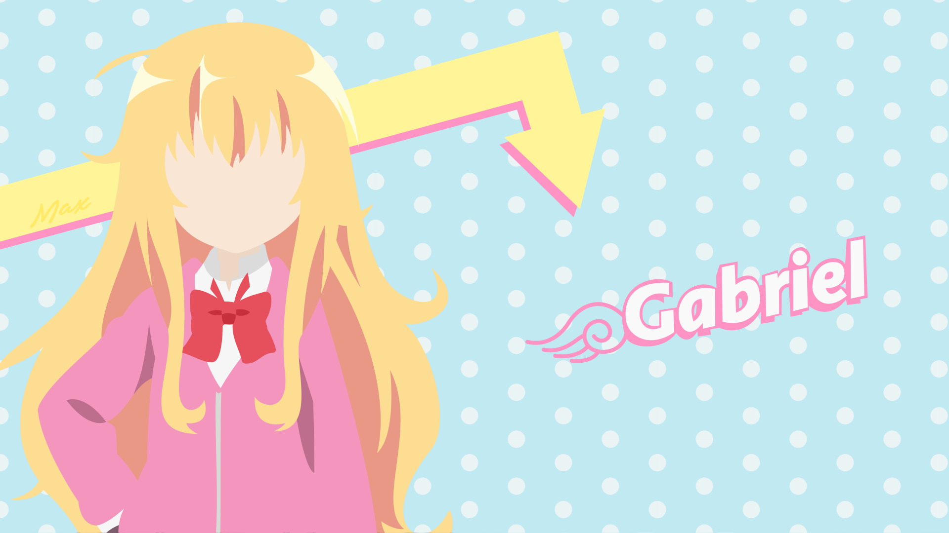 Minimalist anime wallpaper featuring Gabriel Tenma White from Gabriel DropOut in 8K Ultra HD resolution with soft pastel colors and playful design elements.