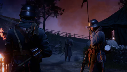 HD desktop wallpaper of Battlefield 1 showing soldiers at night, one smoking. The scene captures a dark, tense wartime atmosphere with a backdrop of a sky tinged with orange and purple hues.