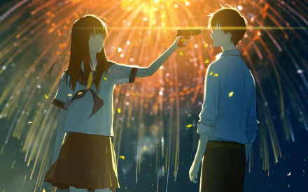 Anime scene: A girl in a school uniform points a gun at a boy against a backdrop of colorful fireworks in the night sky. The image, an original HD desktop wallpaper, exudes tension and contrast.