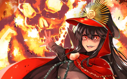 HD PC desktop wallpaper featuring Demon Archer from Fate/Grand Order in an intense anime-style scene with fiery skulls in the background.