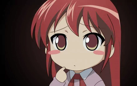 A cute HD anime wallpaper featuring a character from Shakugan No Shana, showcasing a thoughtful expression with rosy cheeks and large, expressive eyes.
