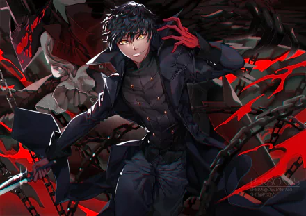 High-definition desktop wallpaper featuring a dynamic character from the video game Persona 5, surrounded by vivid red and dark tones.