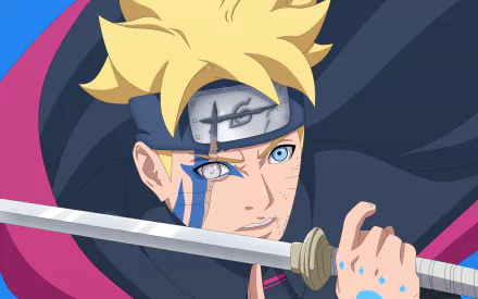 HD PC desktop wallpaper featuring Boruto Uzumaki from the anime Boruto, showcasing the Jōgan eye and wielding a sword with vibrant colors and dynamic shading.