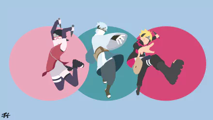A vibrant HD wallpaper featuring Mitsuki, Sarada Uchiha, and Boruto Uzumaki from the anime Boruto, captured in dynamic poses against colorful circular backgrounds.