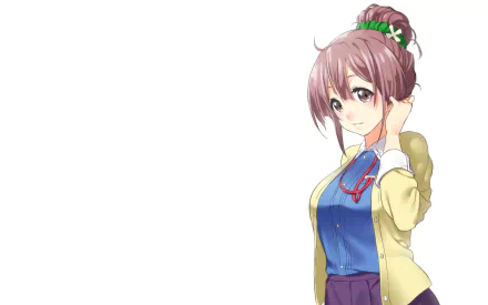 HD PC desktop wallpaper featuring Shiori Shinomiya from the anime Sakura Quest, depicted with a thoughtful expression and detailed casual attire.