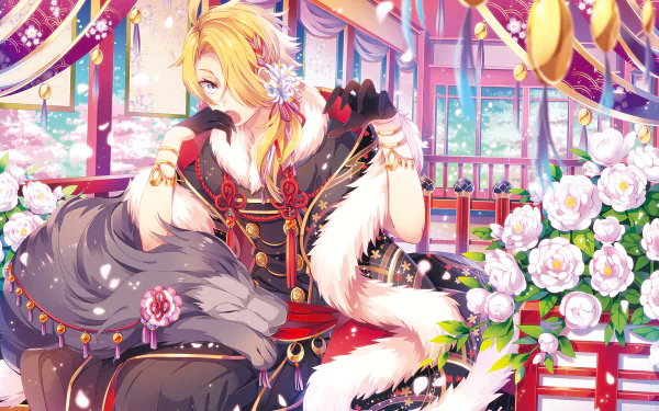 HD PC desktop wallpaper featuring Shishiou from Touken Ranbu in vibrant anime style, surrounded by white flowers and elegant, colorful traditional decor.